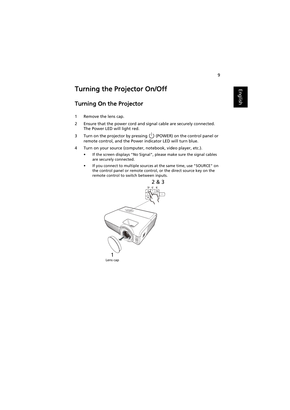 Turning the projector on/off, Turning on the projector | Acer S1212 User Manual | Page 19 / 60