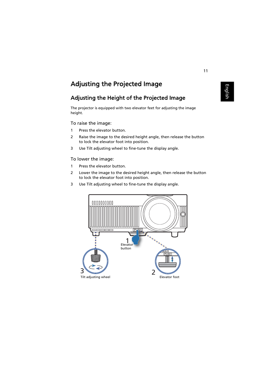 Adjusting the projected image, Adjusting the height of the projected image | Acer S1212 User Manual | Page 21 / 60