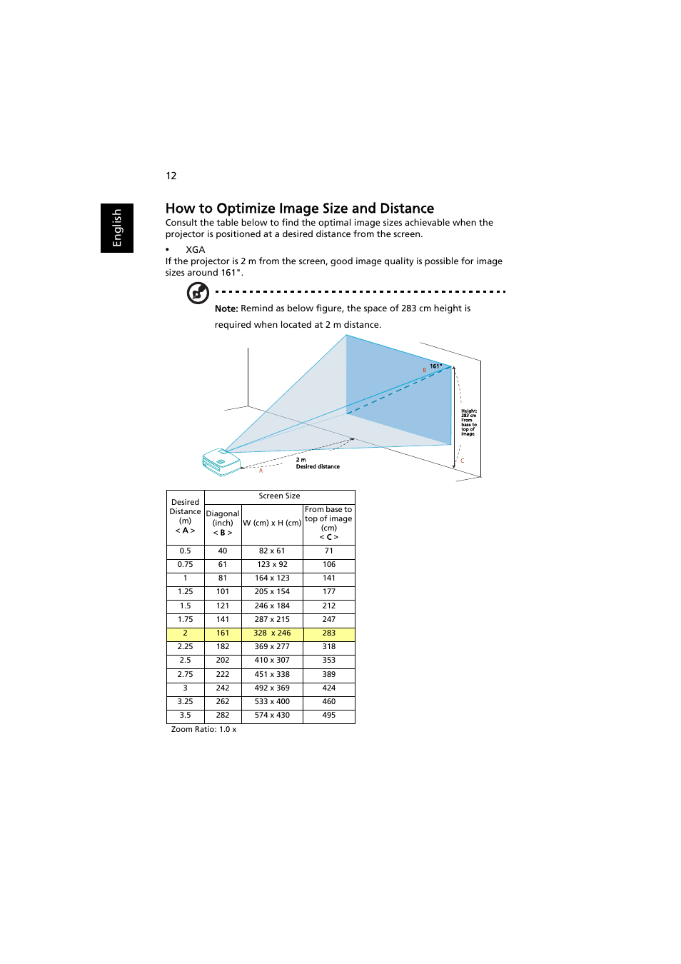 How to optimize image size and distance, En gl ish | Acer S1212 User Manual | Page 22 / 60