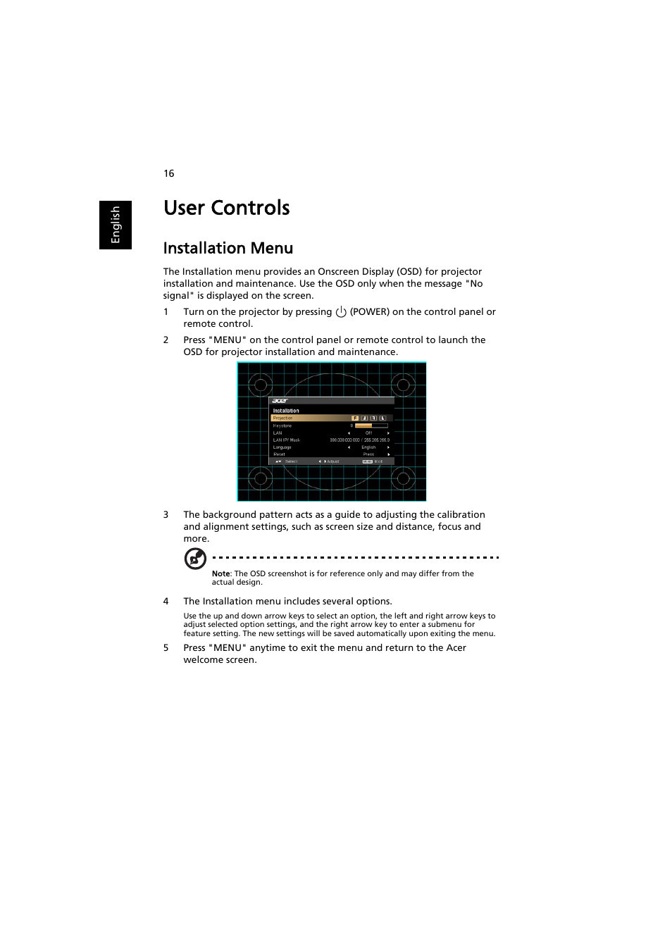 User controls, Installation menu | Acer S1212 User Manual | Page 26 / 60