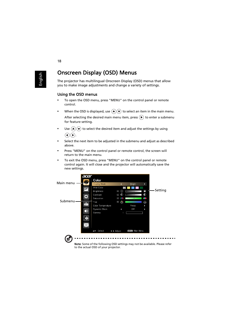 Onscreen display (osd) menus | Acer S1212 User Manual | Page 28 / 60