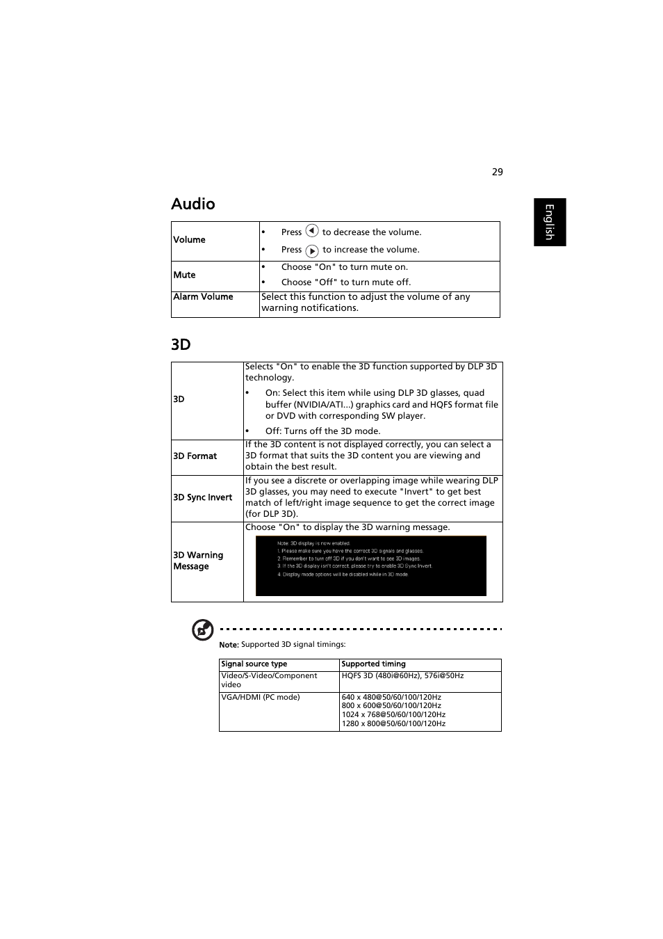 Audio, Audio 3d | Acer S1212 User Manual | Page 39 / 60