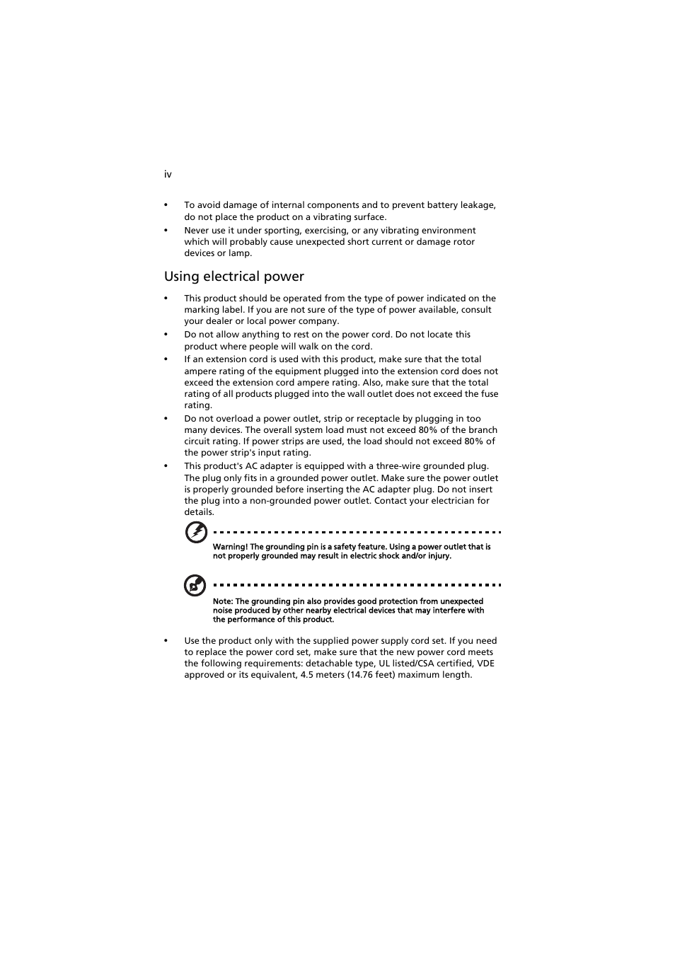 Using electrical power | Acer S1212 User Manual | Page 4 / 60