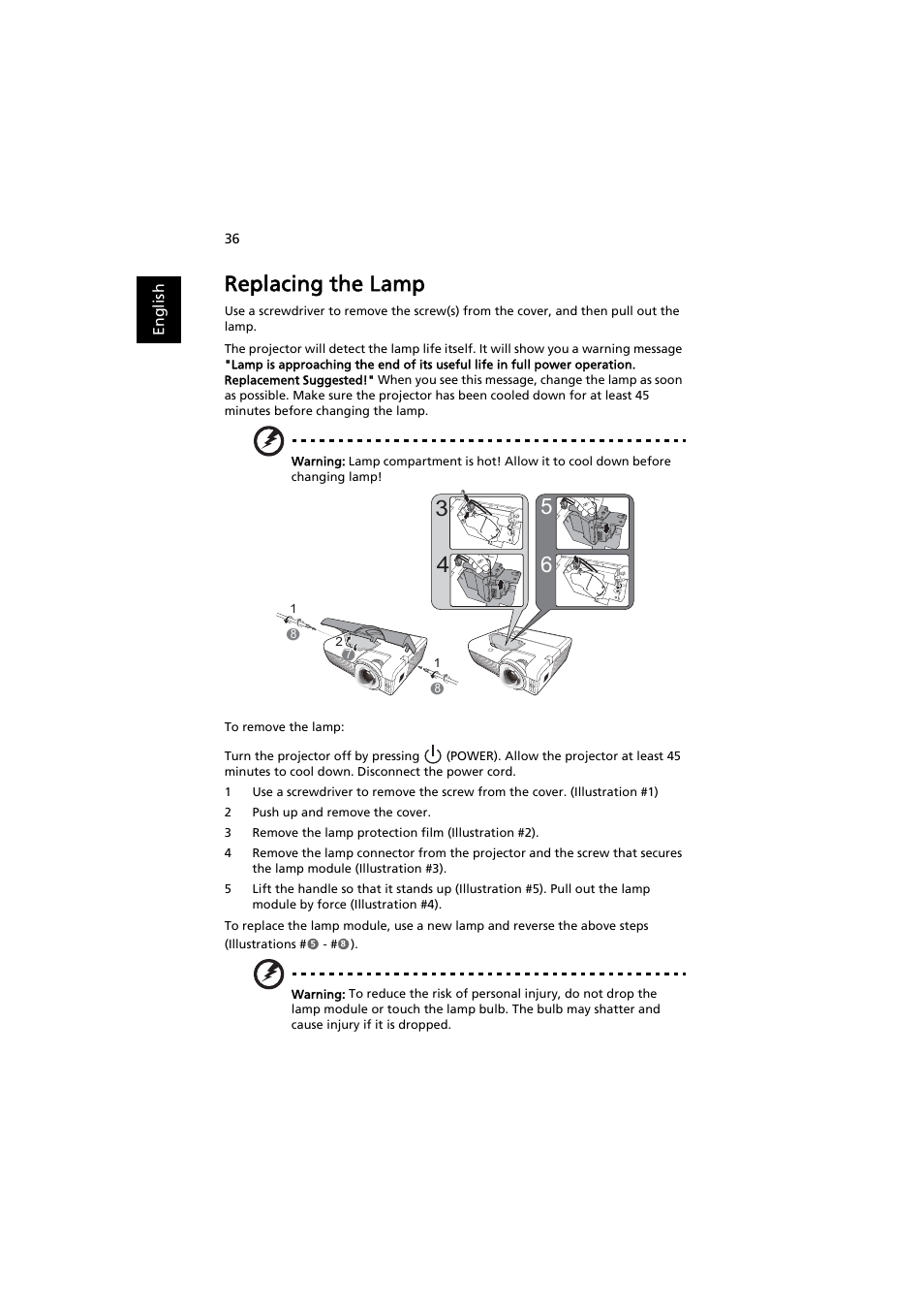 Replacing the lamp, E "replacing the lamp | Acer S1212 User Manual | Page 46 / 60