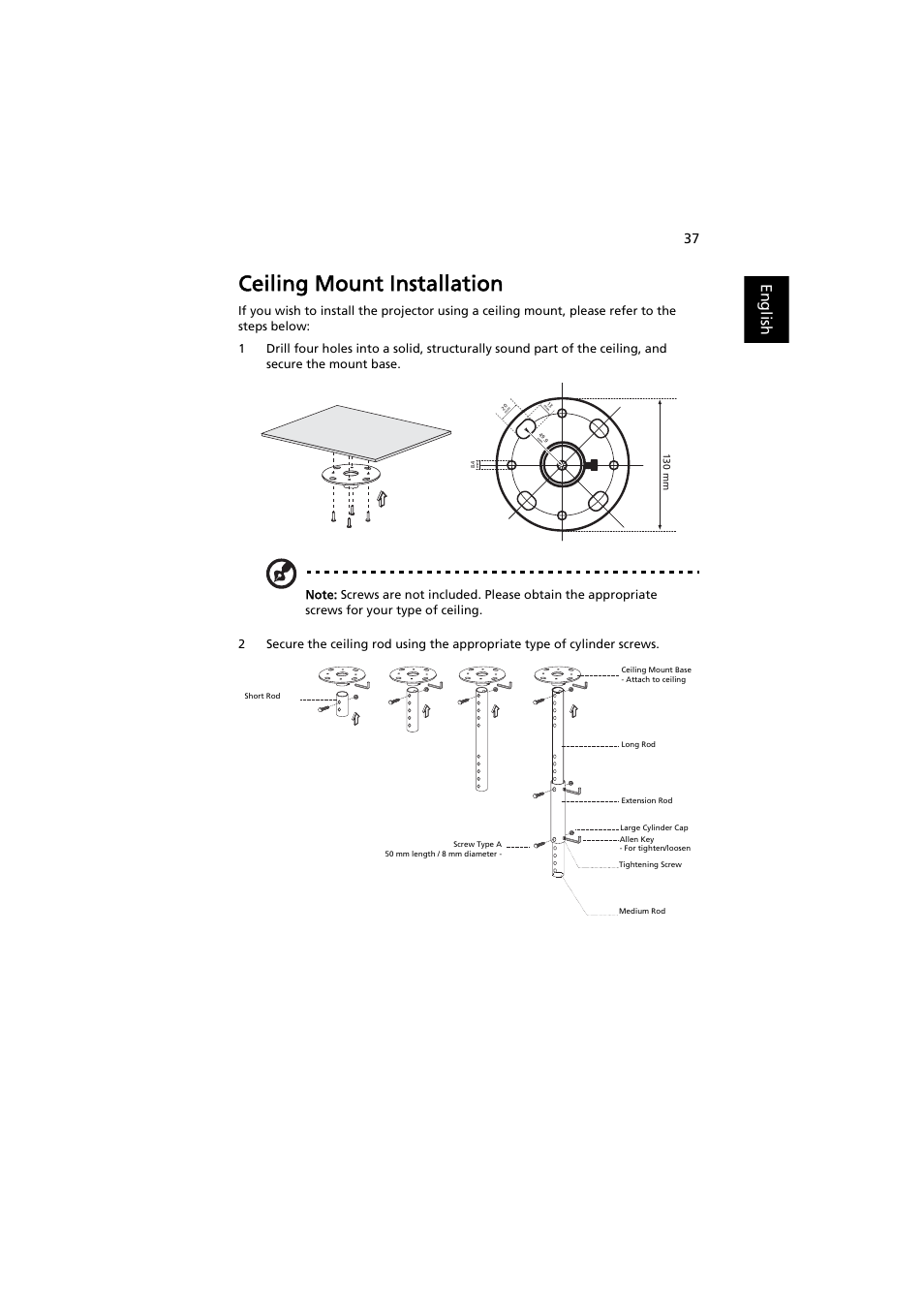 Ceiling mount installation, English | Acer S1212 User Manual | Page 47 / 60