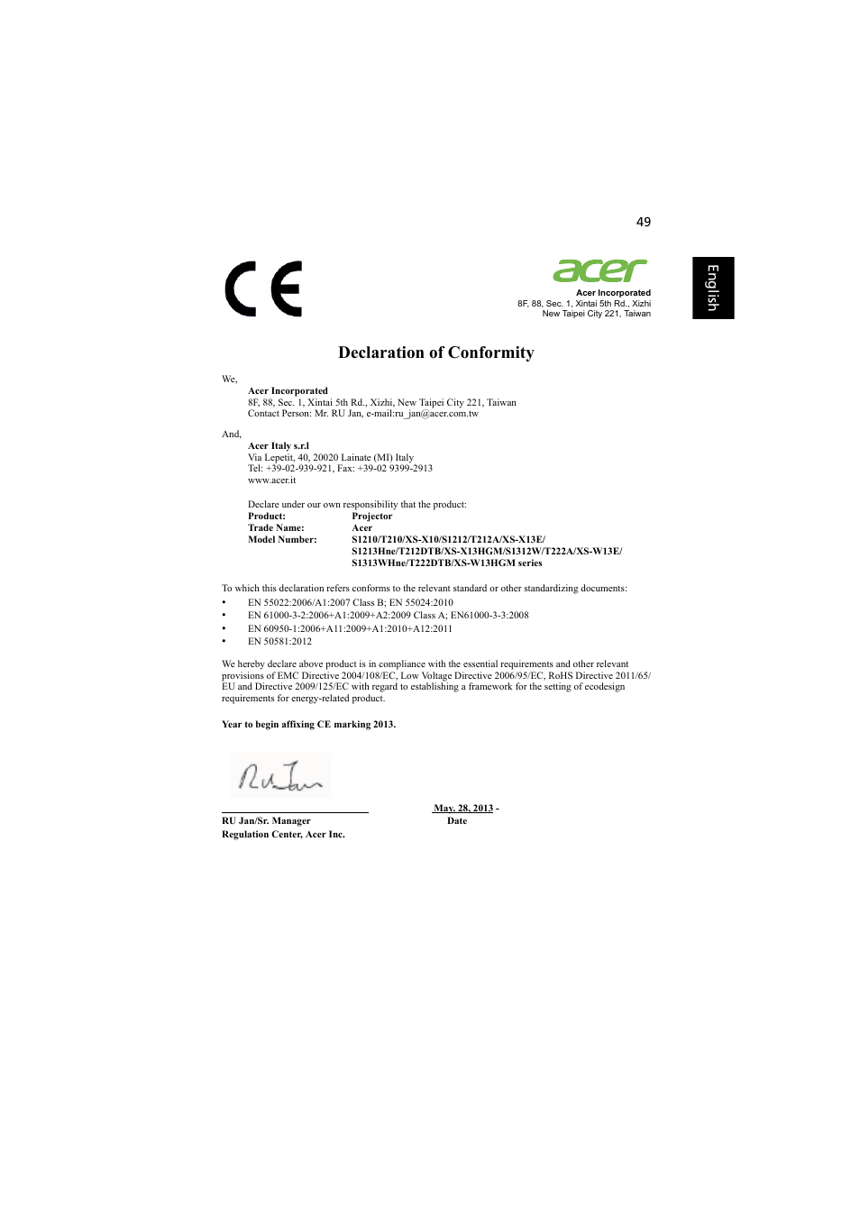 Declaration of conformity | Acer S1212 User Manual | Page 59 / 60