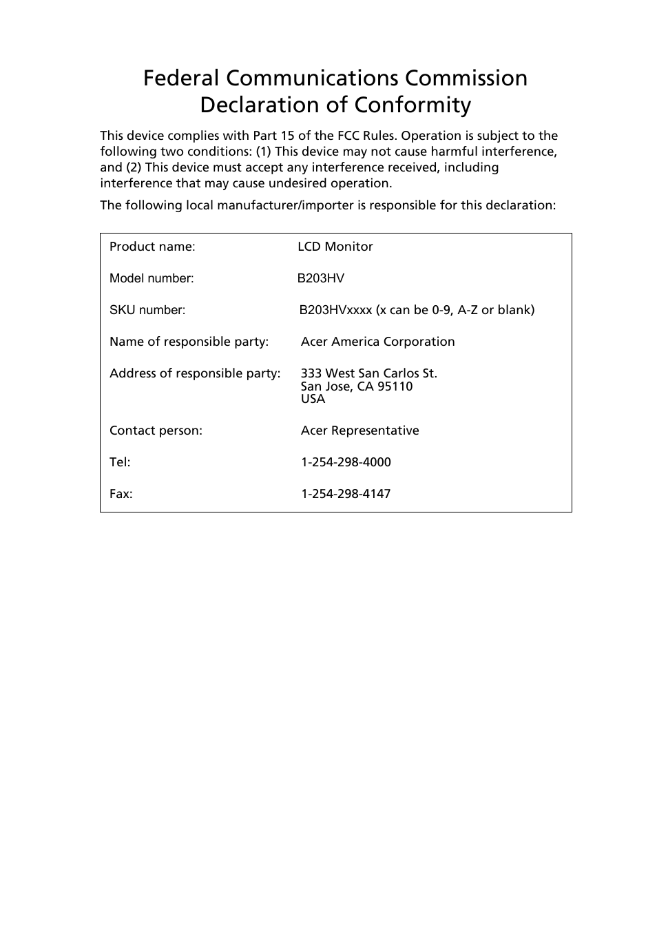 Declaration of conformity, Federal communications commission | Acer B203HV User Manual | Page 11 / 29