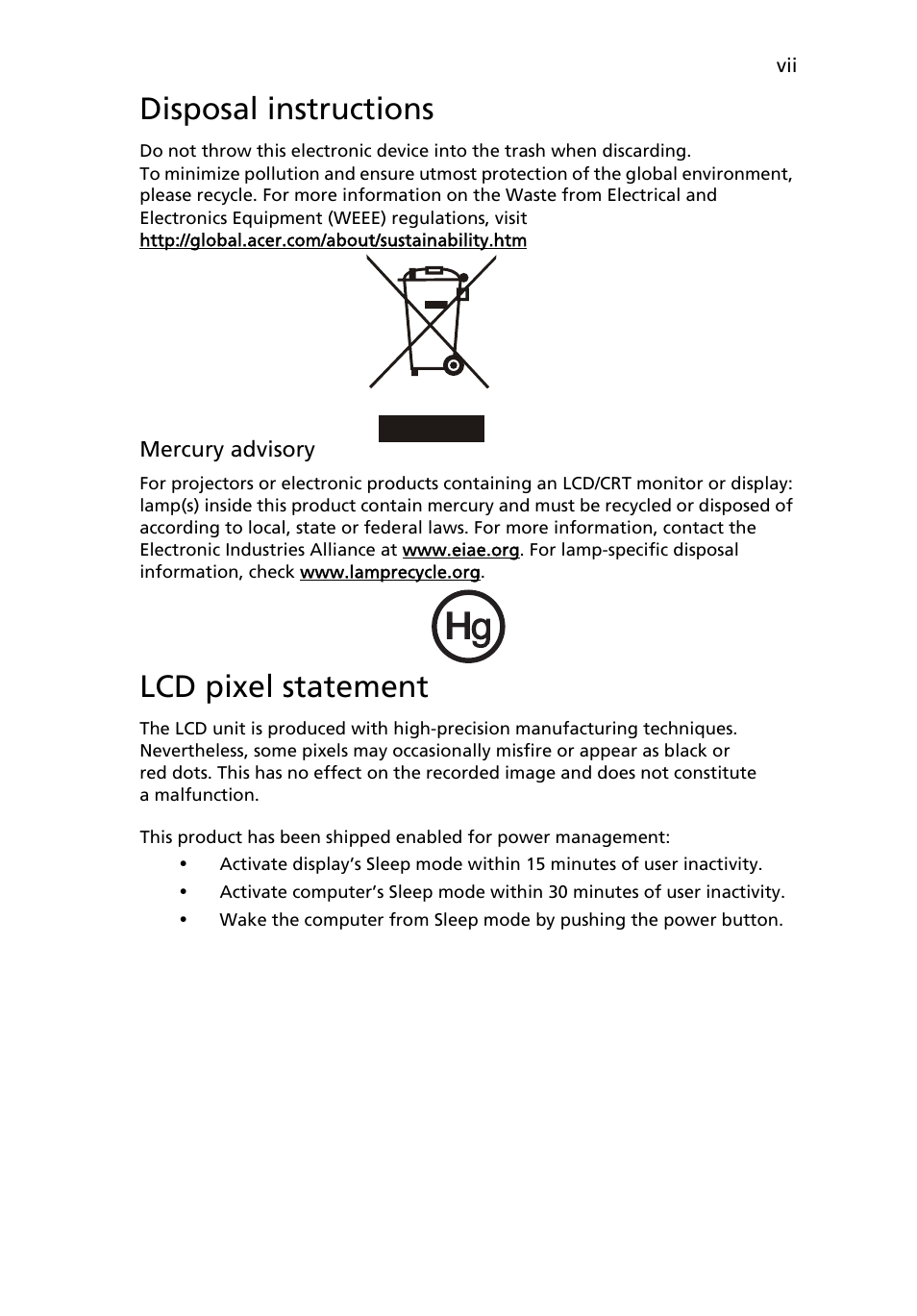 Disposal instructions, Lcd pixel statement | Acer B203HV User Manual | Page 7 / 29