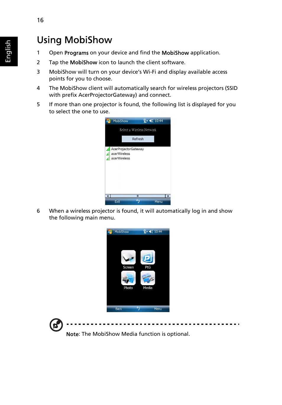 Using mobishow | Acer P1201B User Manual | Page 16 / 52