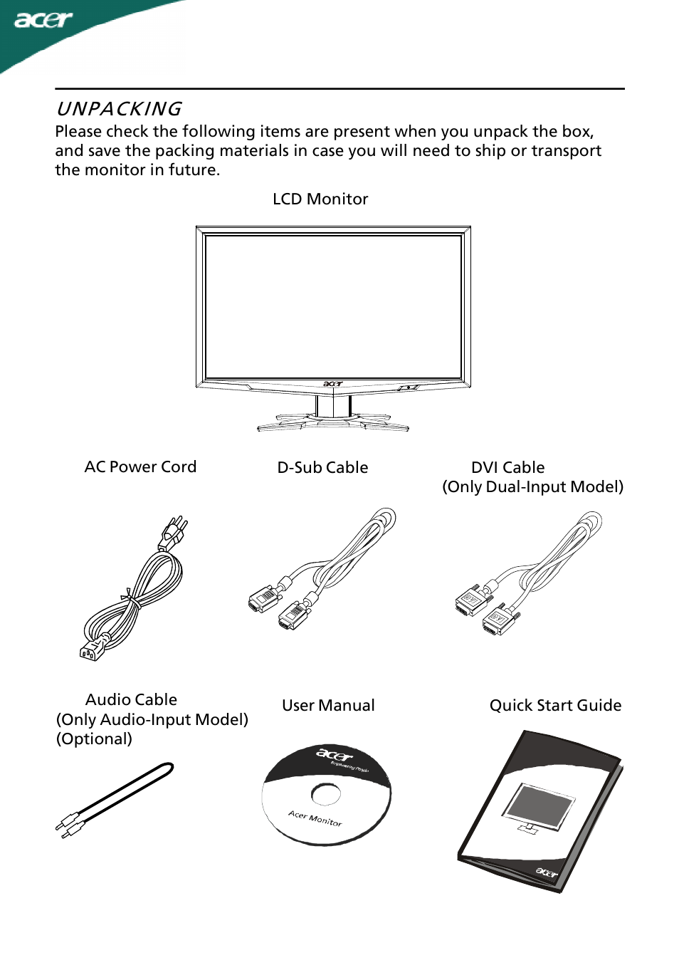Unpacking | Acer G235H User Manual | Page 6 / 23