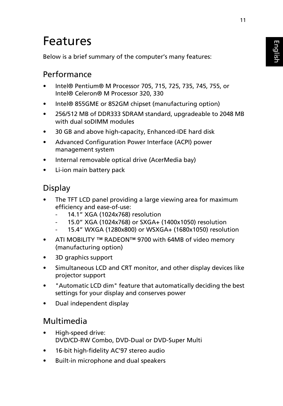 Features, Performance, Display | Multimedia | Acer TravelMate 4000 User Manual | Page 19 / 95