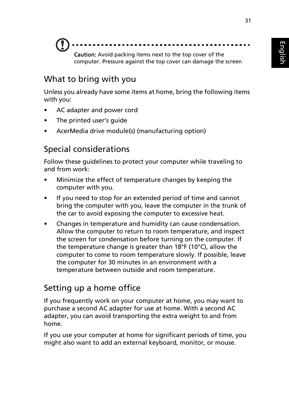 What to bring with you, Special considerations, Setting up a home office | Acer TravelMate 4000 User Manual | Page 39 / 95