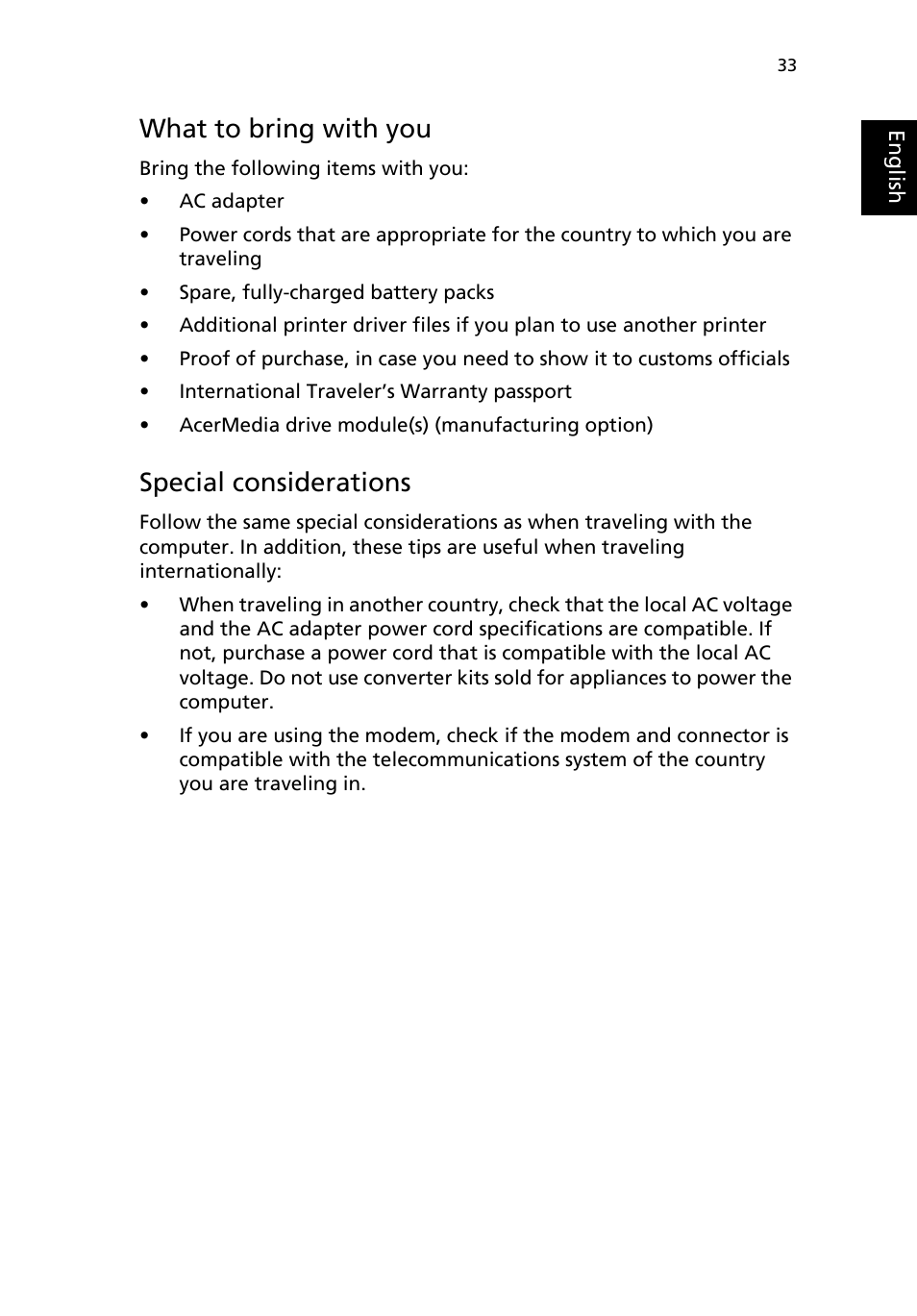 What to bring with you, Special considerations | Acer TravelMate 4000 User Manual | Page 41 / 95