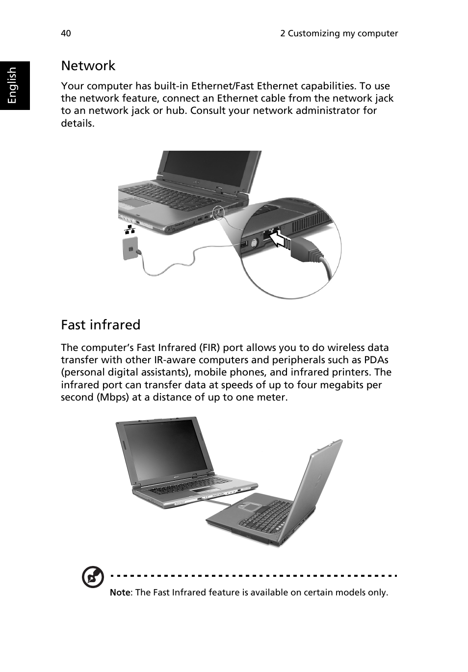 Network, Fast infrared | Acer TravelMate 4000 User Manual | Page 48 / 95