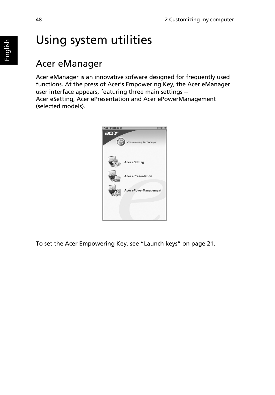 Using system utilities, Acer emanager | Acer TravelMate 4000 User Manual | Page 56 / 95