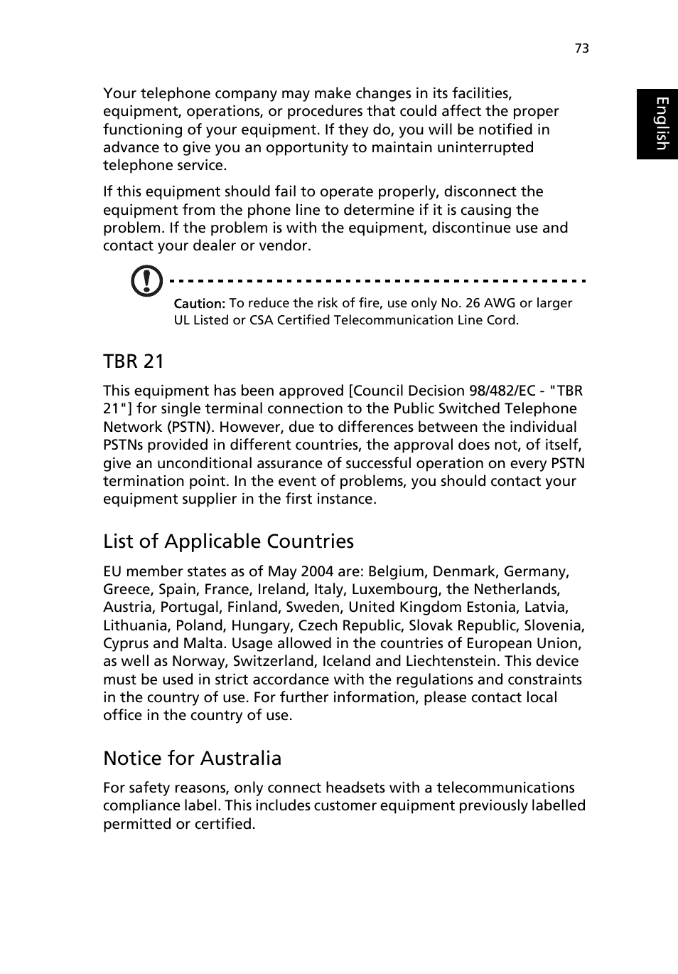 Tbr 21, List of applicable countries, Notice for australia | Acer TravelMate 4000 User Manual | Page 81 / 95