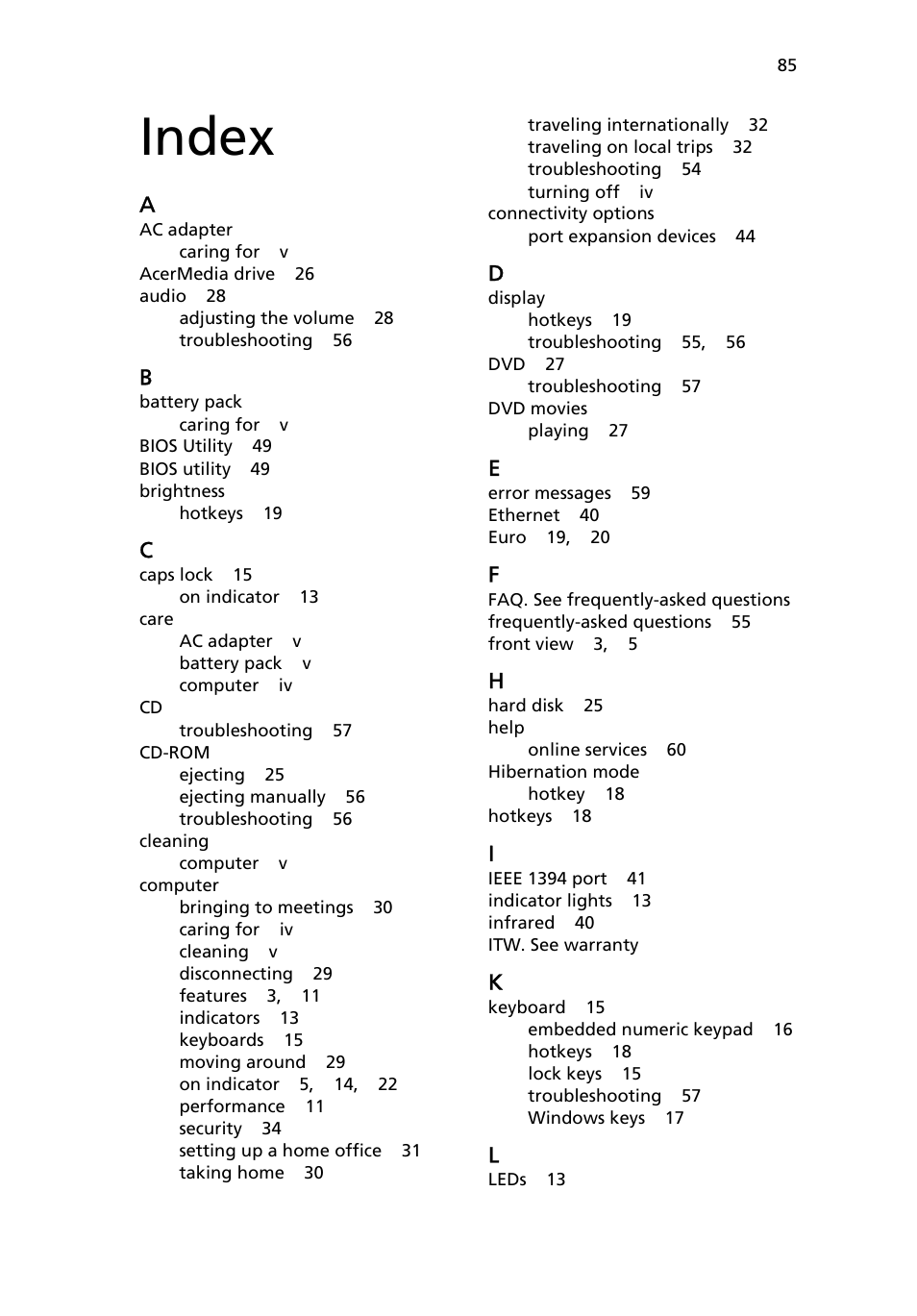 Index | Acer TravelMate 4000 User Manual | Page 93 / 95