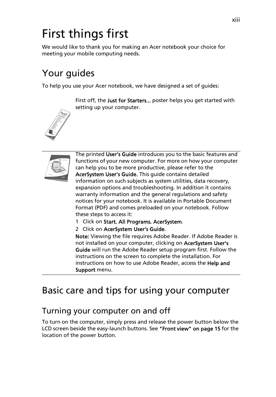 First things first, Your guides, Basic care and tips for using your computer | Acer Extensa 4220 User Manual | Page 13 / 100