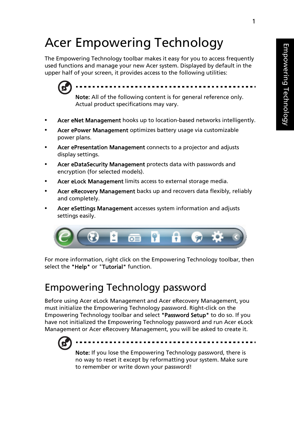 Acer empowering technology, Empowering technology password | Acer Extensa 4220 User Manual | Page 21 / 100