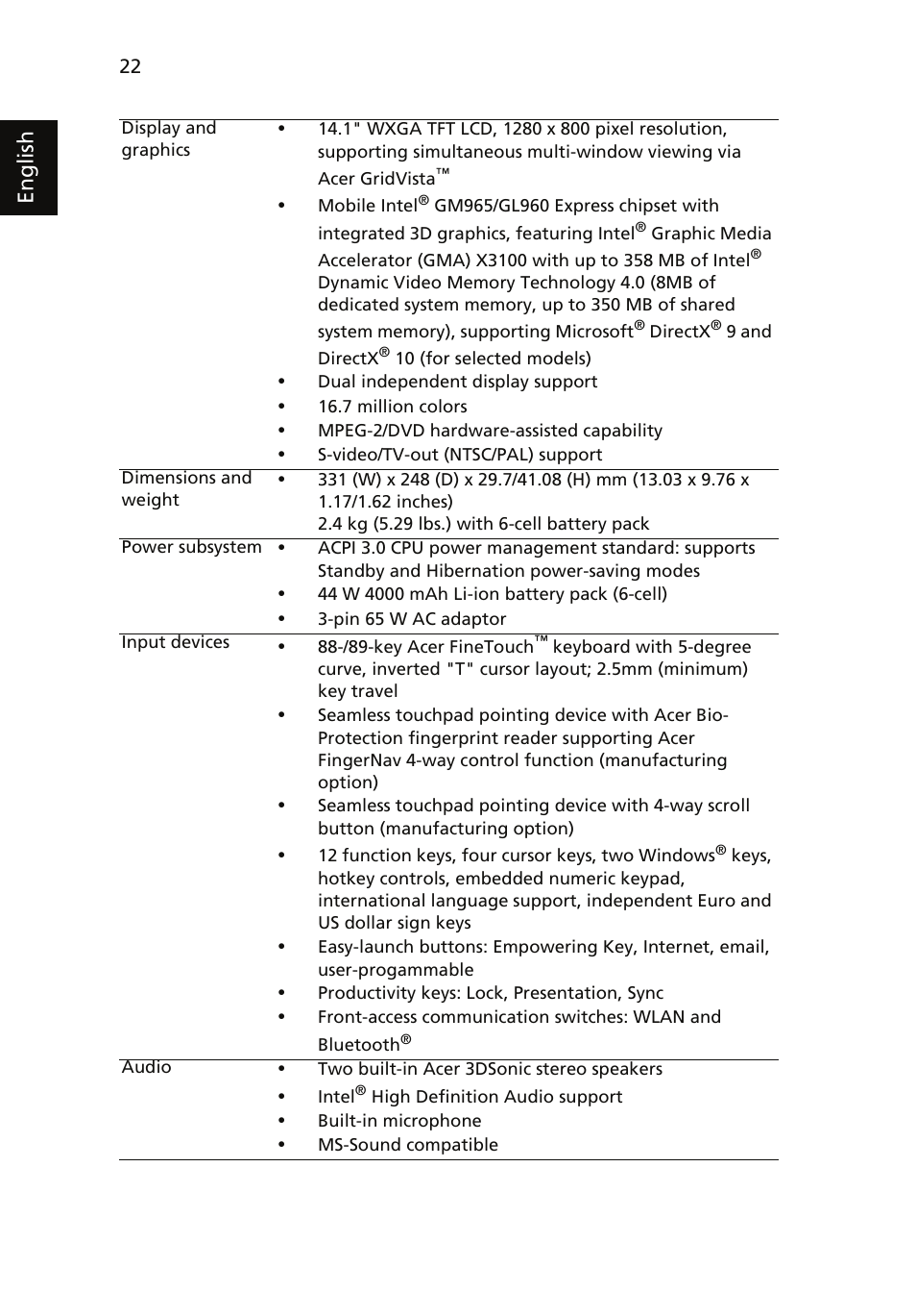 English | Acer Extensa 4220 User Manual | Page 42 / 100