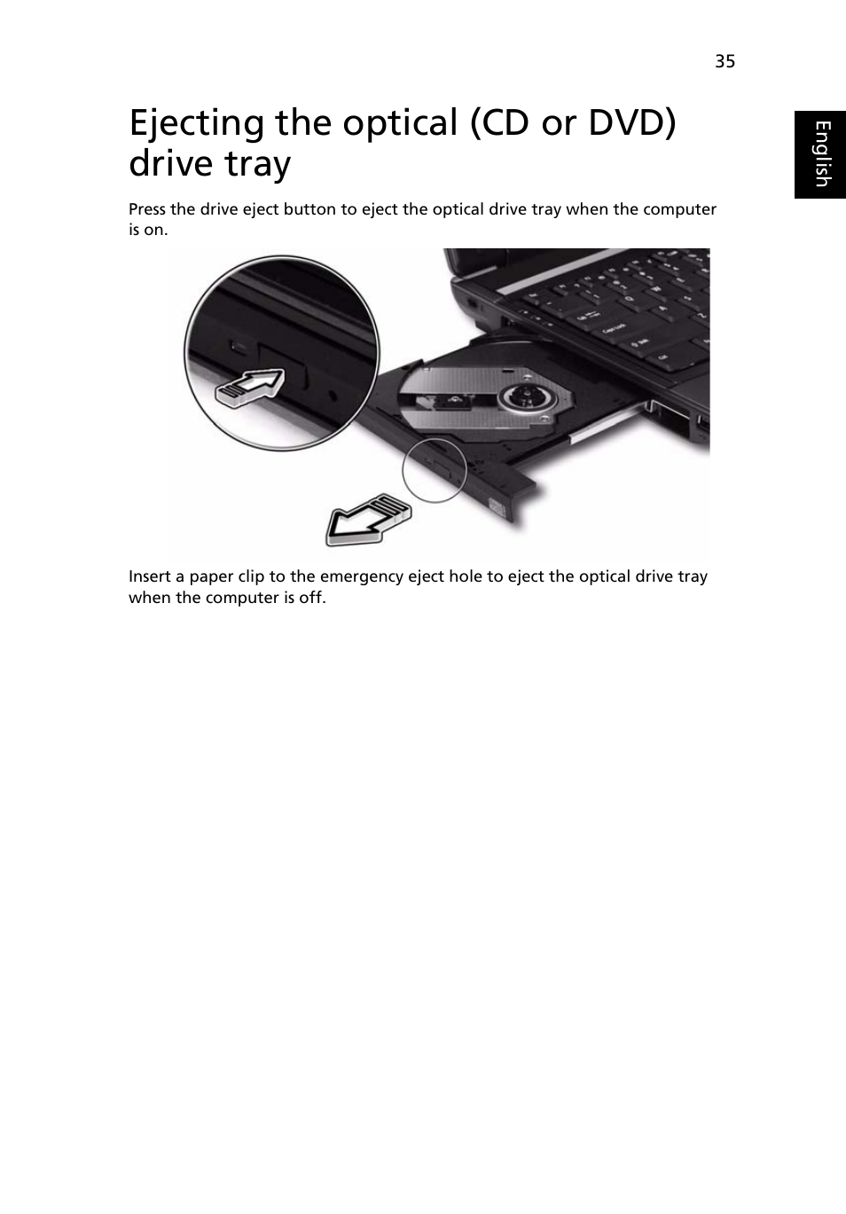 Ejecting the optical (cd or dvd) drive tray | Acer Extensa 4220 User Manual | Page 55 / 100