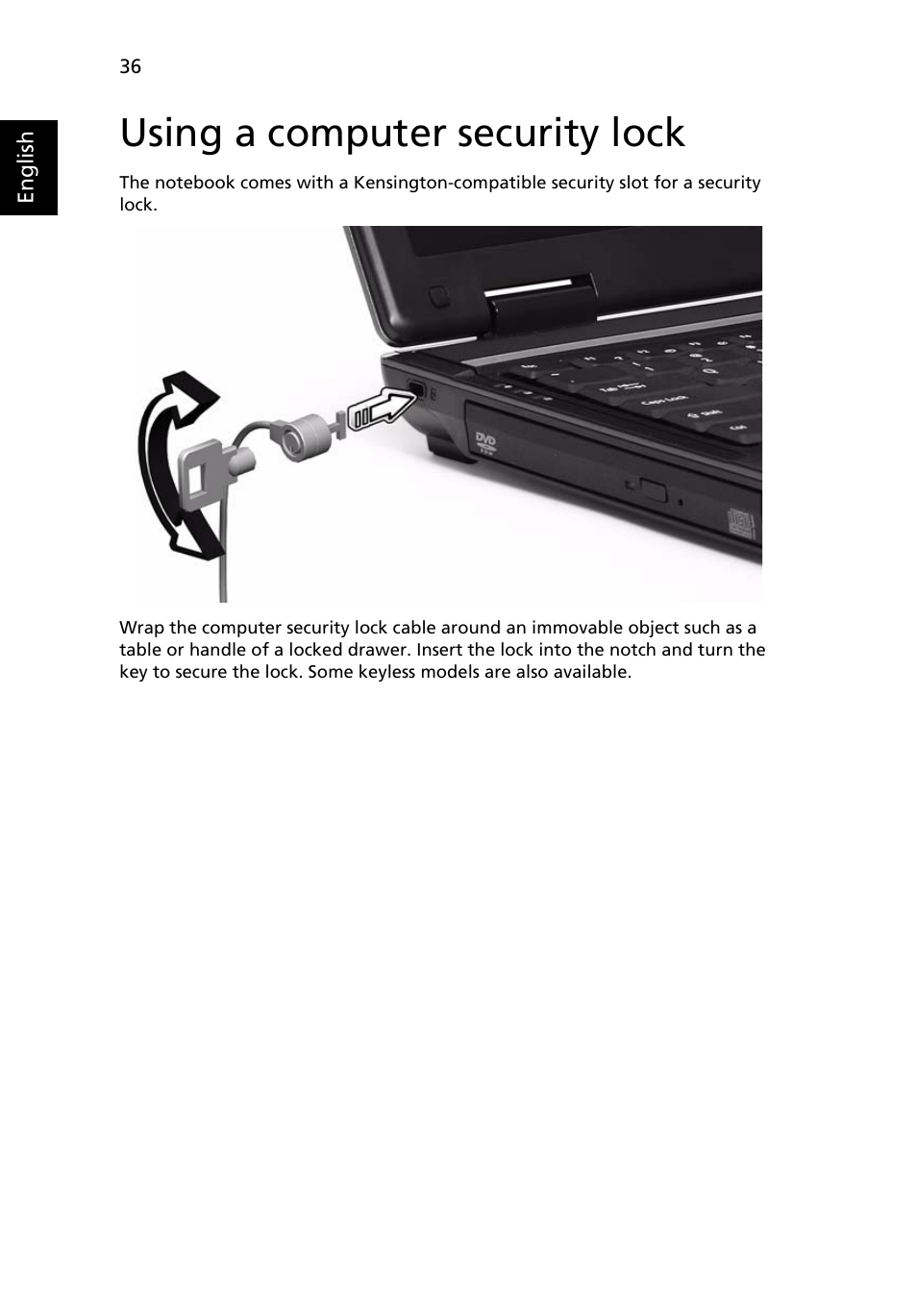 Using a computer security lock | Acer Extensa 4220 User Manual | Page 56 / 100