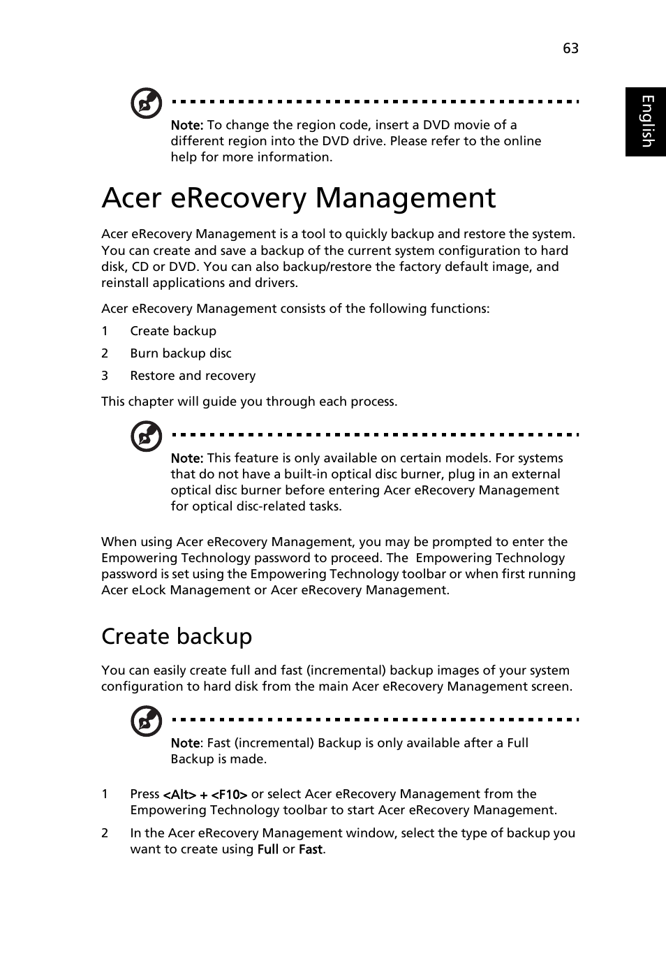 Acer erecovery management, Create backup | Acer Extensa 4220 User Manual | Page 83 / 100