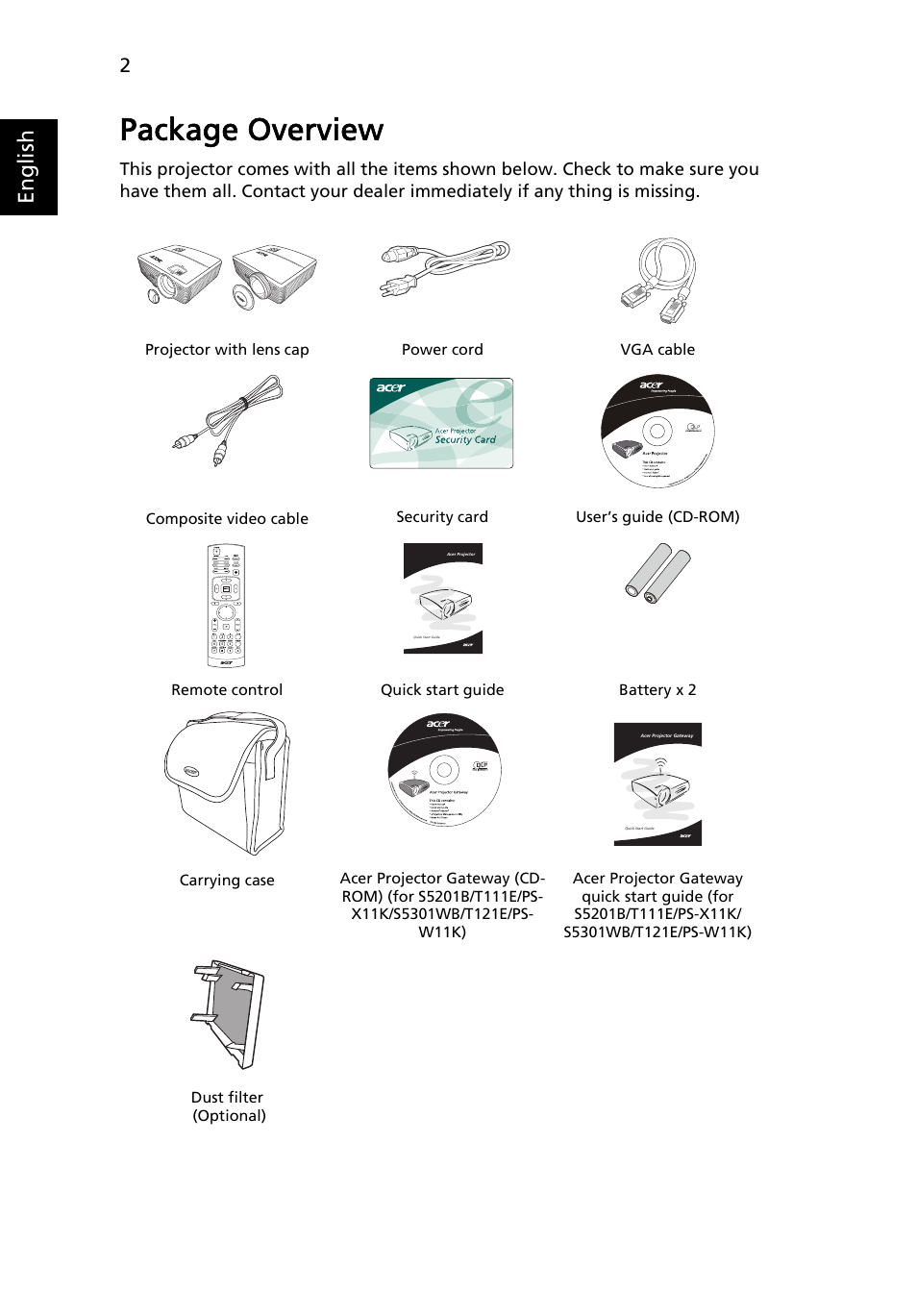 Package overview, English | Acer S5201 User Manual | Page 12 / 65