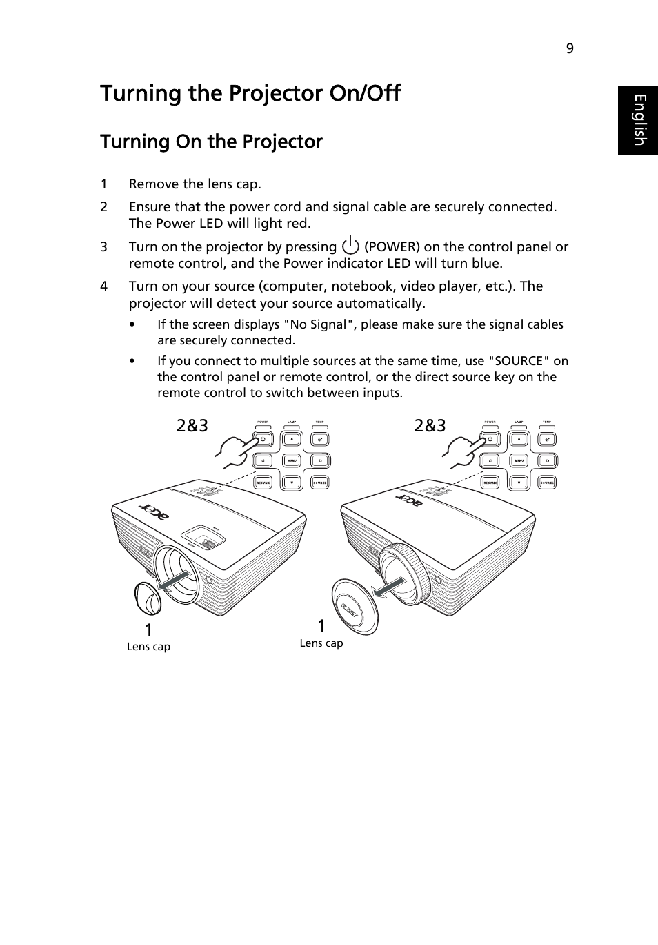 Turning the projector on/off, Turning on the projector | Acer S5201 User Manual | Page 19 / 65