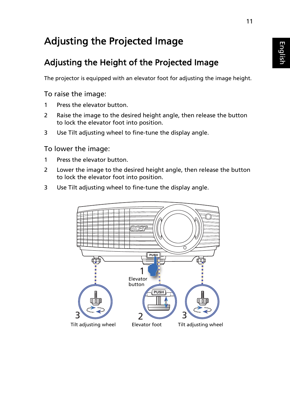 Adjusting the projected image, Adjusting the height of the projected image | Acer S5201 User Manual | Page 21 / 65