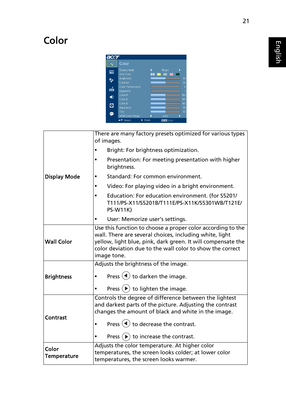 Color | Acer S5201 User Manual | Page 31 / 65