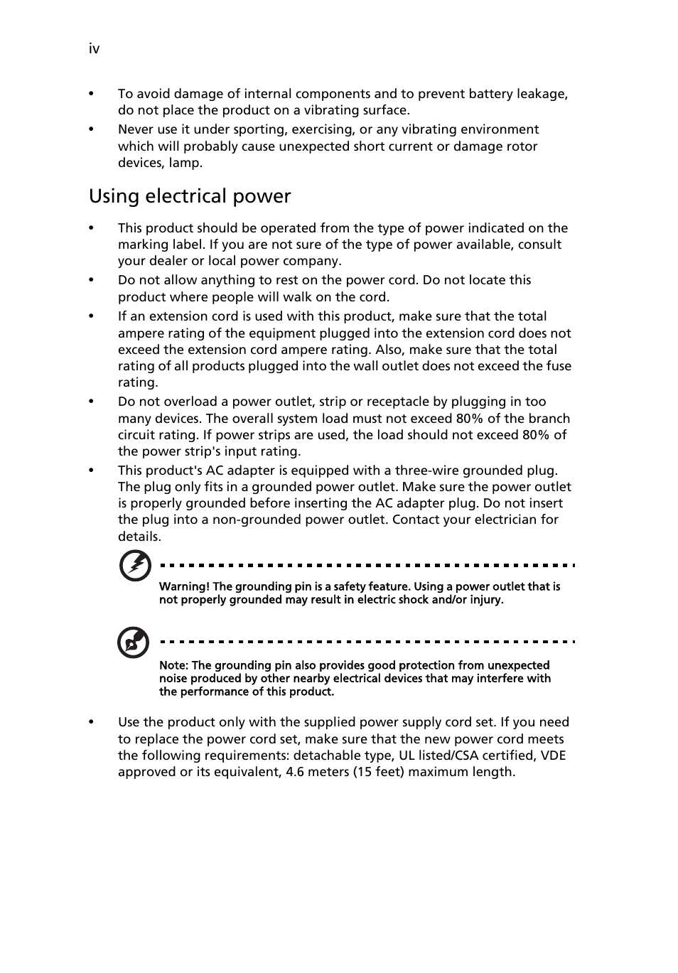 Using electrical power | Acer S5201 User Manual | Page 4 / 65