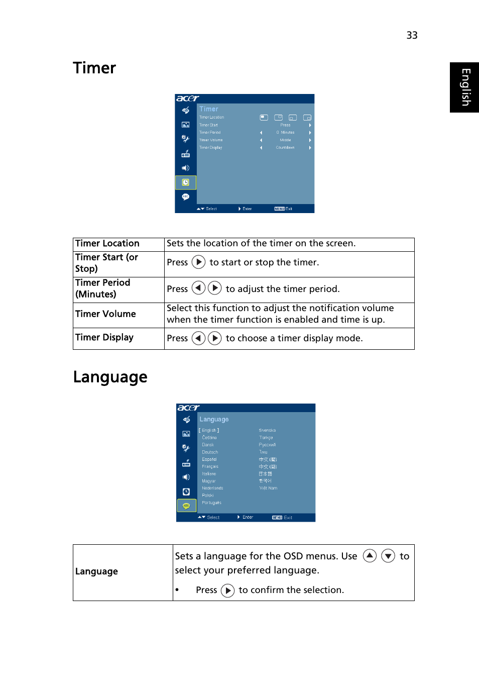 Timer, Language, Timer language | Acer S5201 User Manual | Page 43 / 65