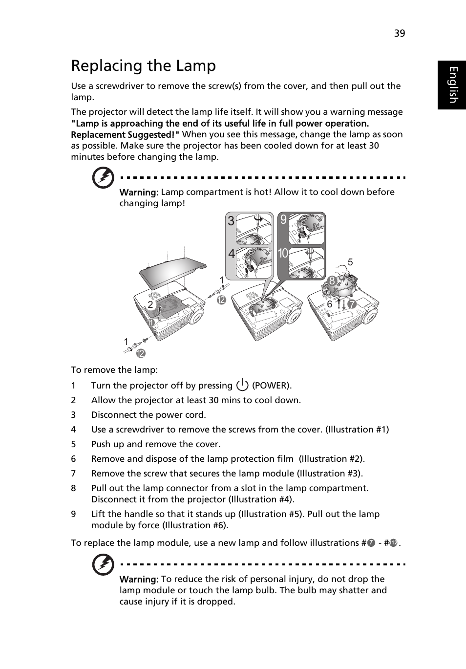 Replacing the lamp, Eng lis h | Acer S5201 User Manual | Page 49 / 65