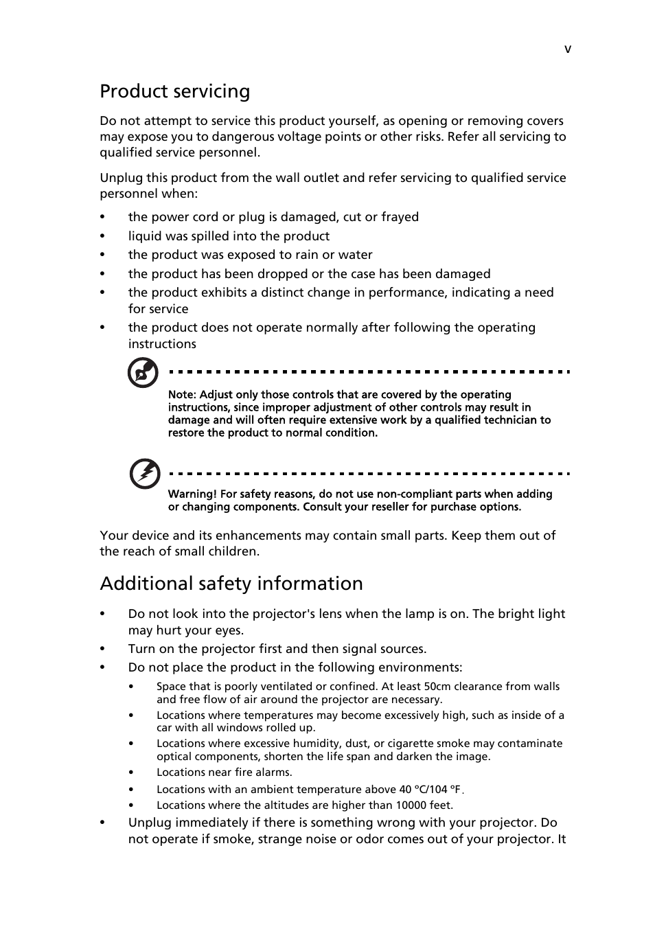 Product servicing, Additional safety information | Acer S5201 User Manual | Page 5 / 65