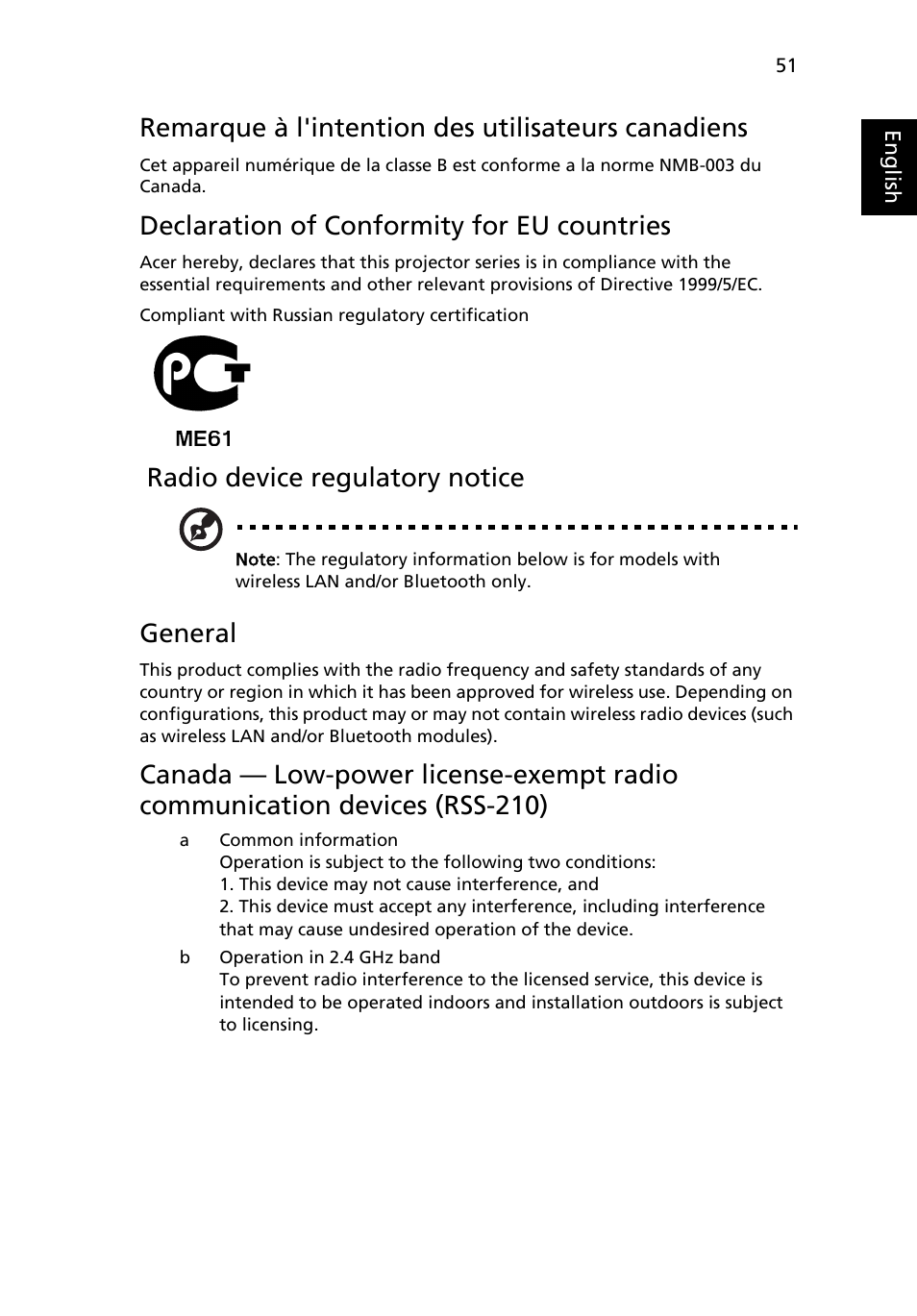 Remarque à l'intention des utilisateurs canadiens, Declaration of conformity for eu countries, Radio device regulatory notice | General | Acer S5201 User Manual | Page 61 / 65