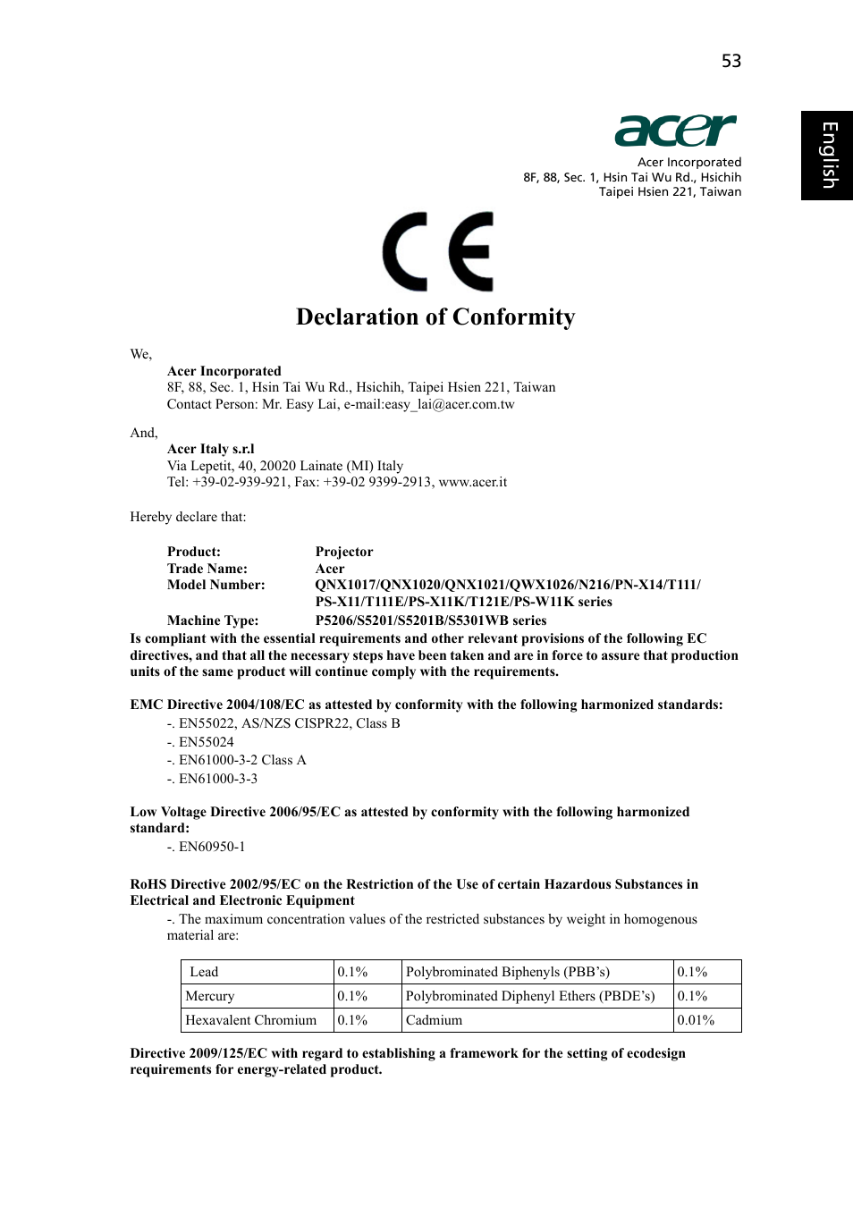 Declaration of conformity, Eng lish eng lis h | Acer S5201 User Manual | Page 63 / 65