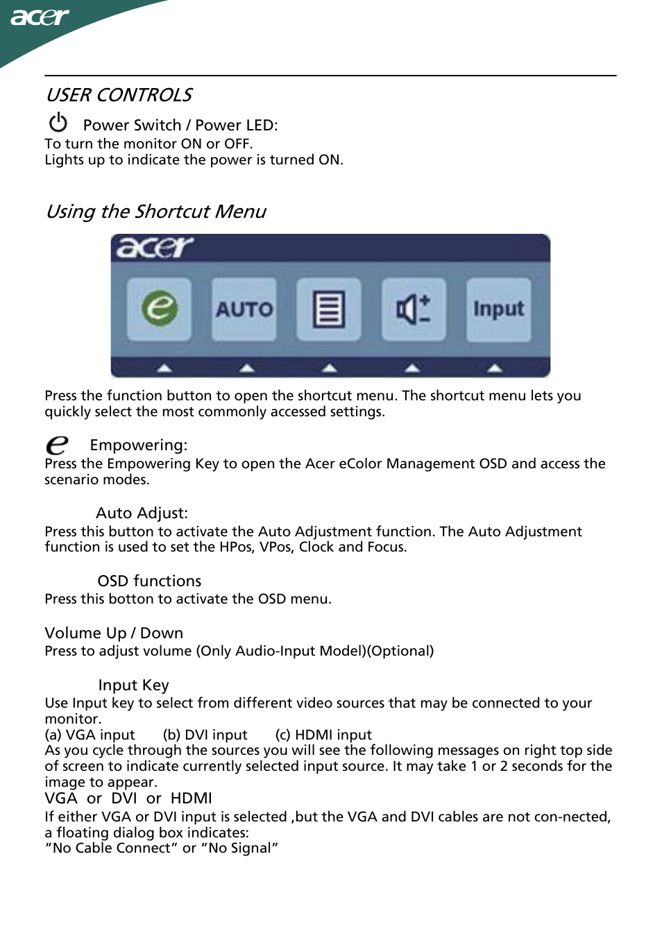 User controls, Using the shortcut menu | Acer G205HV User Manual | Page 14 / 23