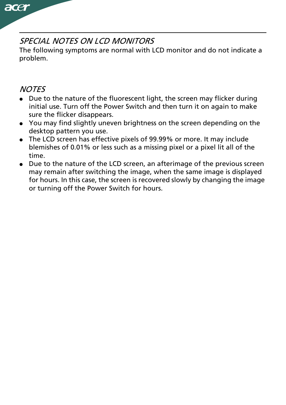 Special notes on lcd monitors | Acer G205HV User Manual | Page 2 / 23