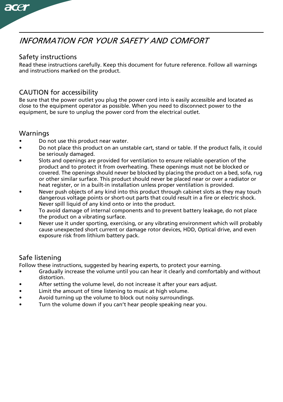 Information for your safety and comfort | Acer G205HV User Manual | Page 3 / 23