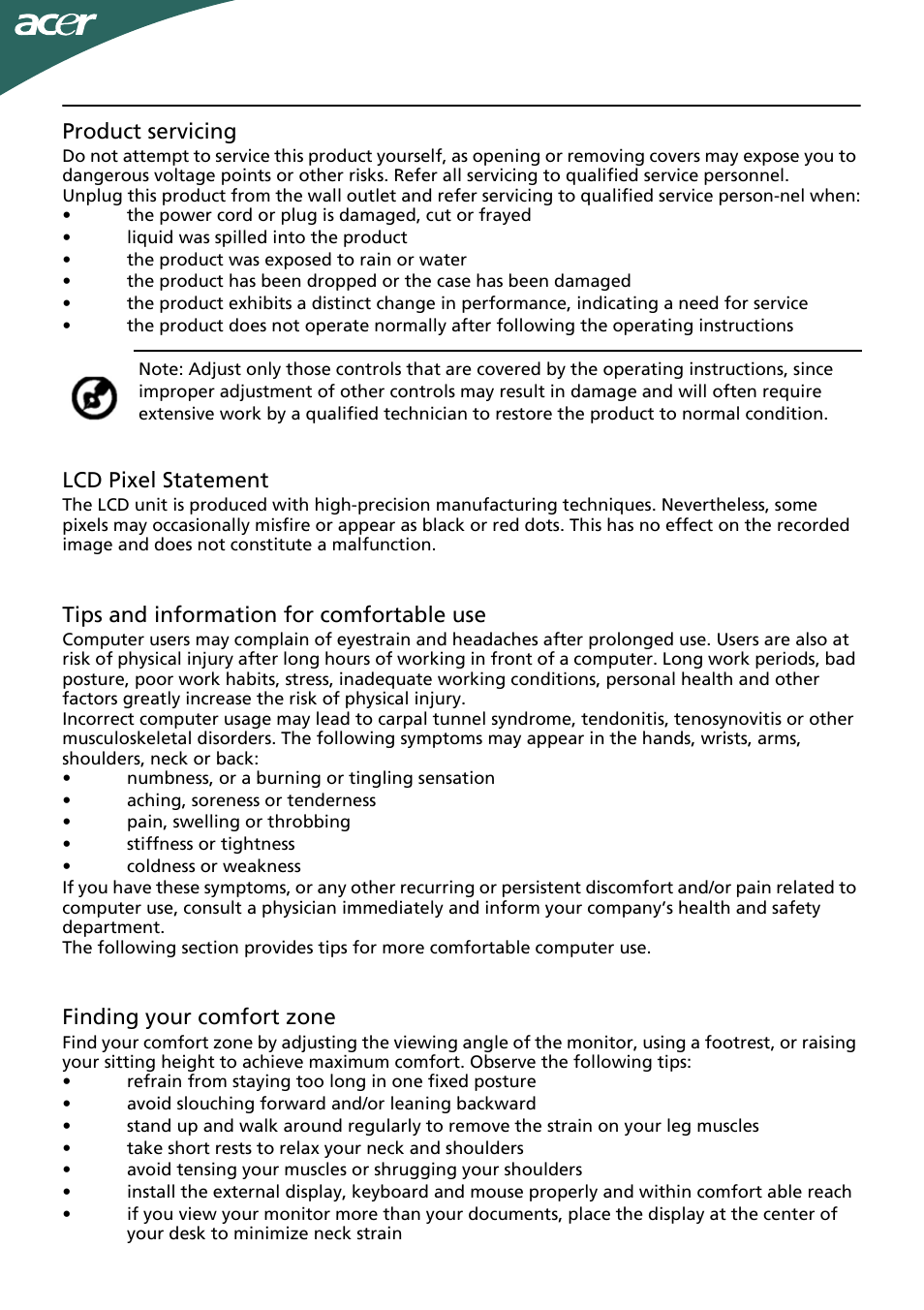 En-3 product servicing, Lcd pixel statement, Tips and information for comfortable use | Finding your comfort zone | Acer G205HV User Manual | Page 4 / 23