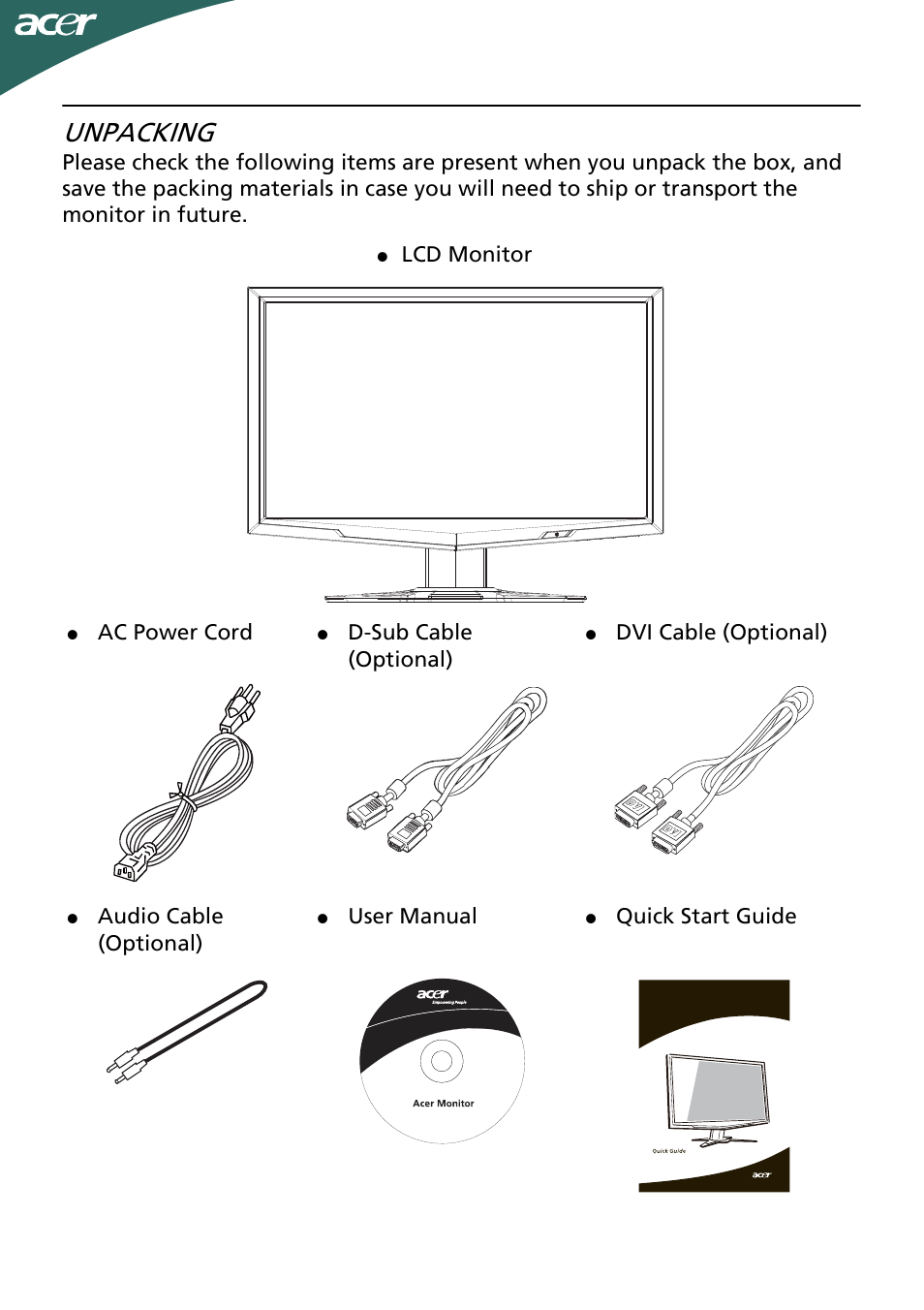Unpacking, En-5, Lcd monitor | Ac power cord, D-sub cable (optional), Dvi cable (optional), Audio cable (optional), User manual, Quick start guide | Acer G205HV User Manual | Page 6 / 23