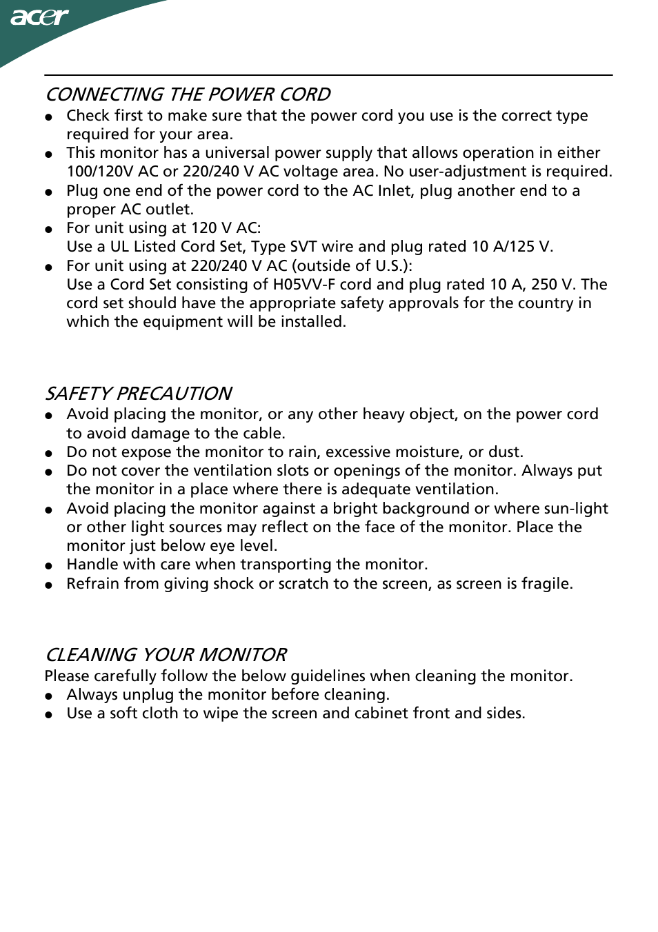 Connecting the power cord, Safety precaution, Cleaning your monitor | Acer G205HV User Manual | Page 8 / 23