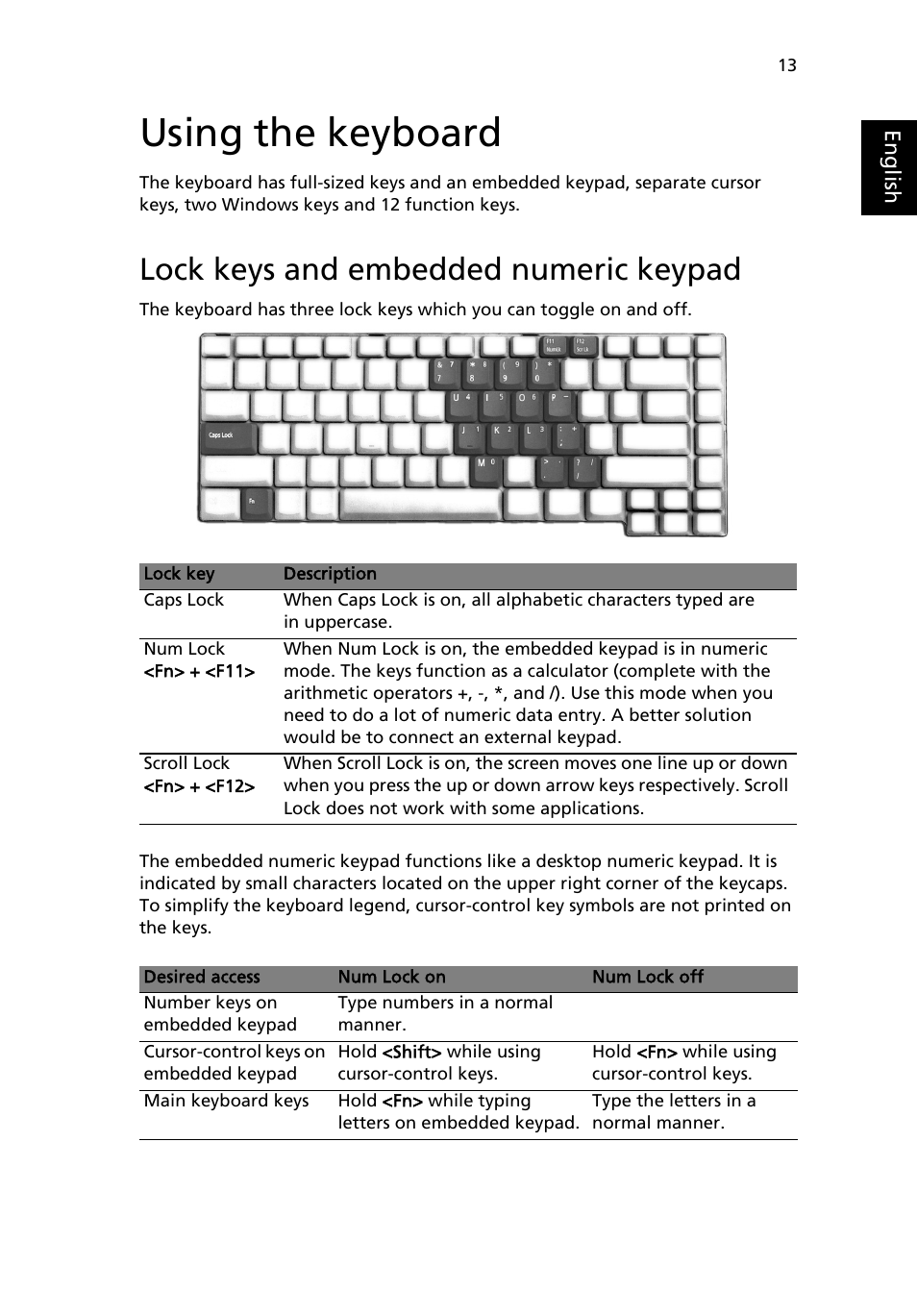 Using the keyboard, Lock keys and embedded numeric keypad, Lock keys and embedded numeric keypad 13 | Acer Aspire 5020 User Manual | Page 23 / 81