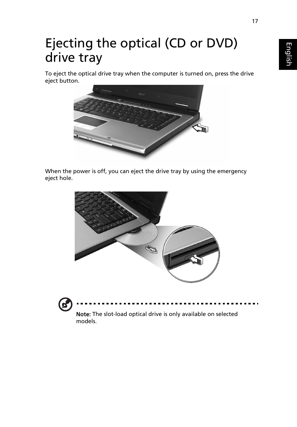 Ejecting the optical (cd or dvd) drive tray, Ejecting the optical (cd or dvd) drive tray 17 | Acer Aspire 5020 User Manual | Page 27 / 81