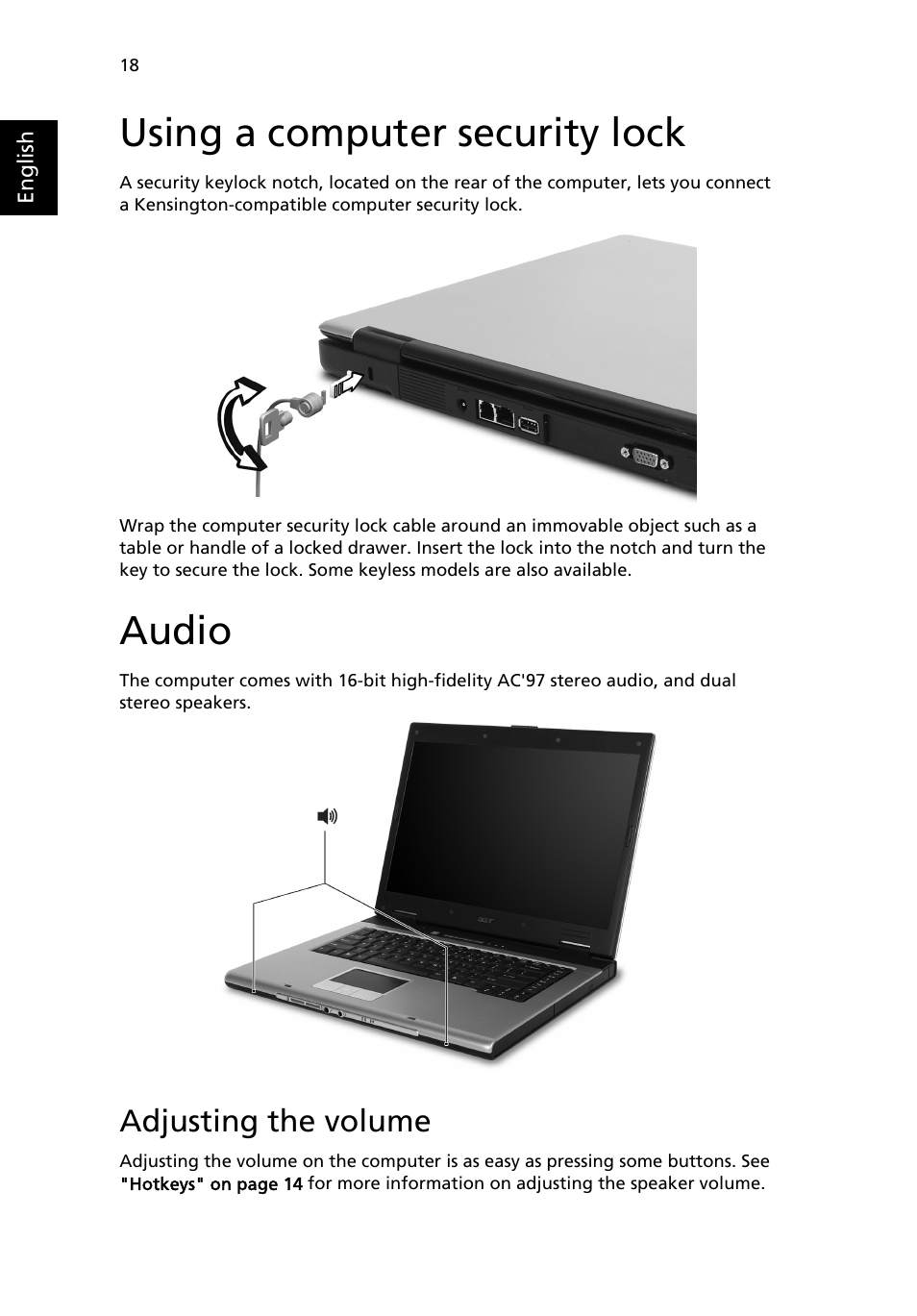 Using a computer security lock, Audio, Adjusting the volume | Acer Aspire 5020 User Manual | Page 28 / 81