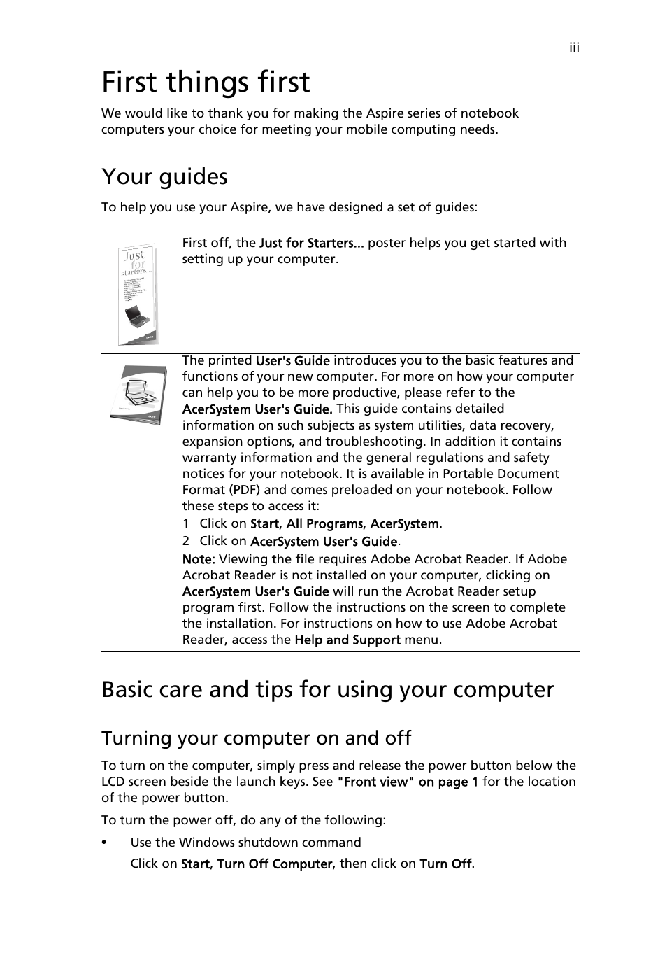 First things first, Your guides, Basic care and tips for using your computer | Turning your computer on and off | Acer Aspire 5020 User Manual | Page 3 / 81