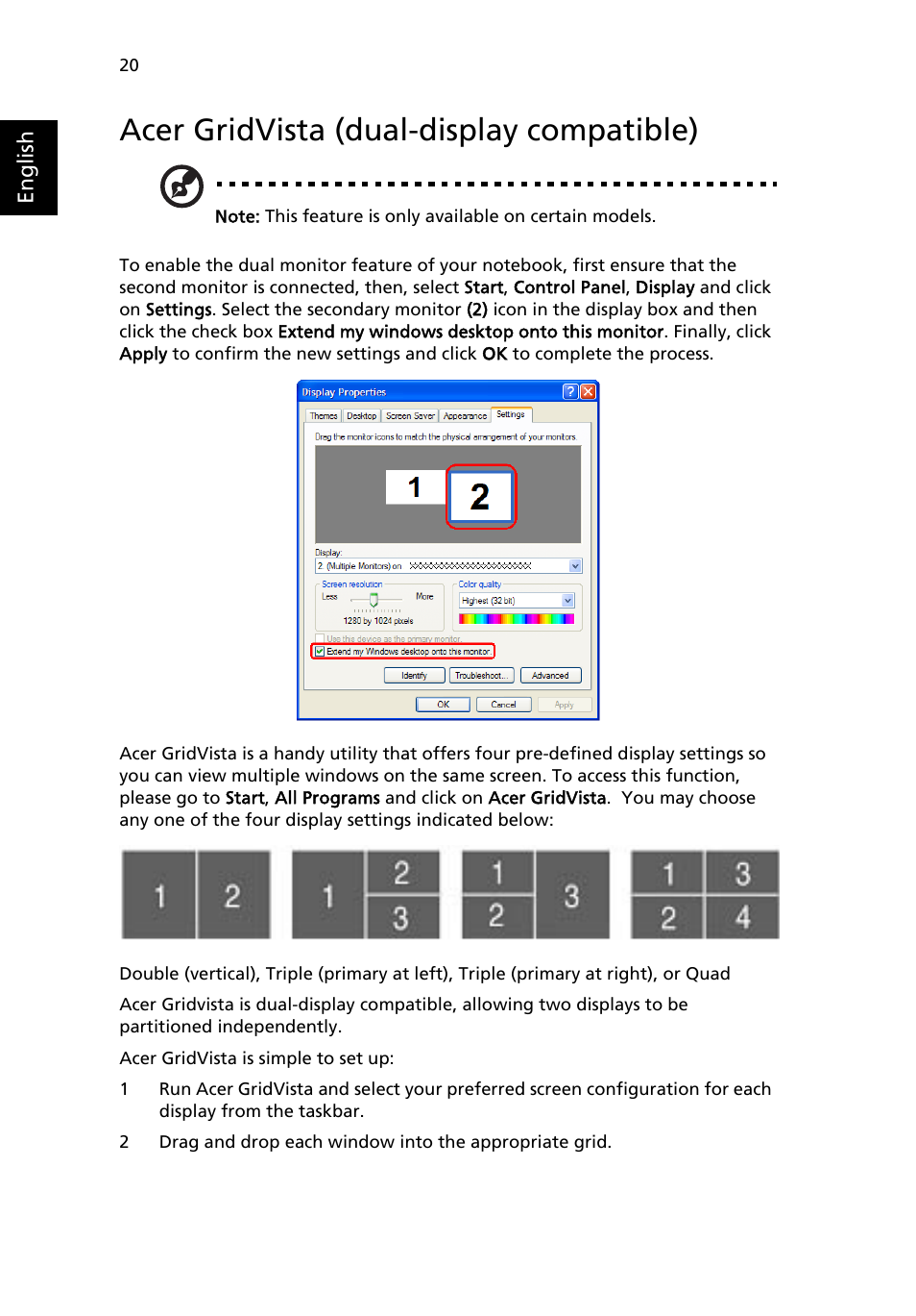 Acer gridvista (dual-display compatible) | Acer Aspire 5020 User Manual | Page 30 / 81