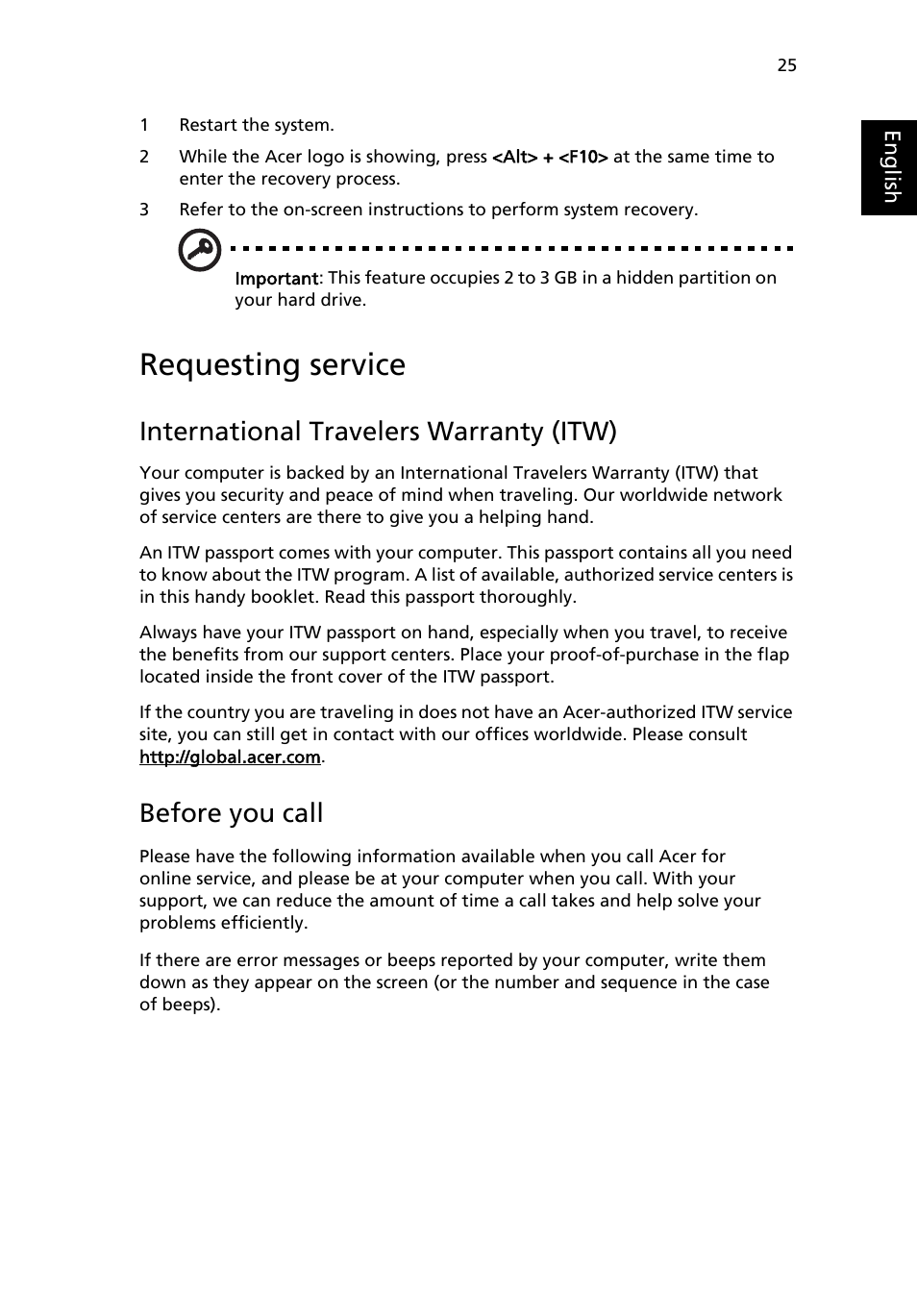 Requesting service, International travelers warranty (itw), Before you call | Acer Aspire 5020 User Manual | Page 35 / 81