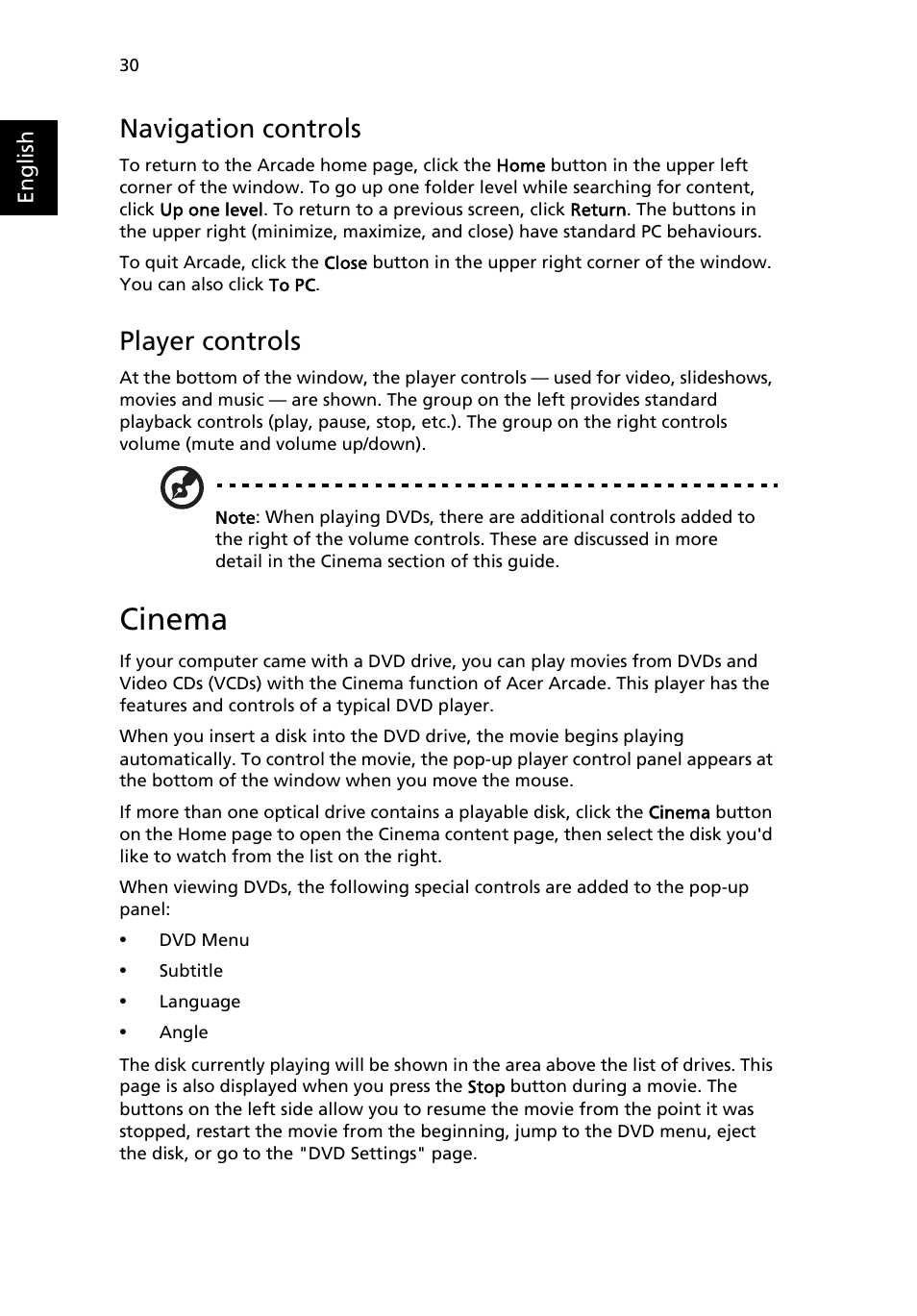 Cinema, Navigation controls, Player controls | Acer Aspire 5020 User Manual | Page 40 / 81